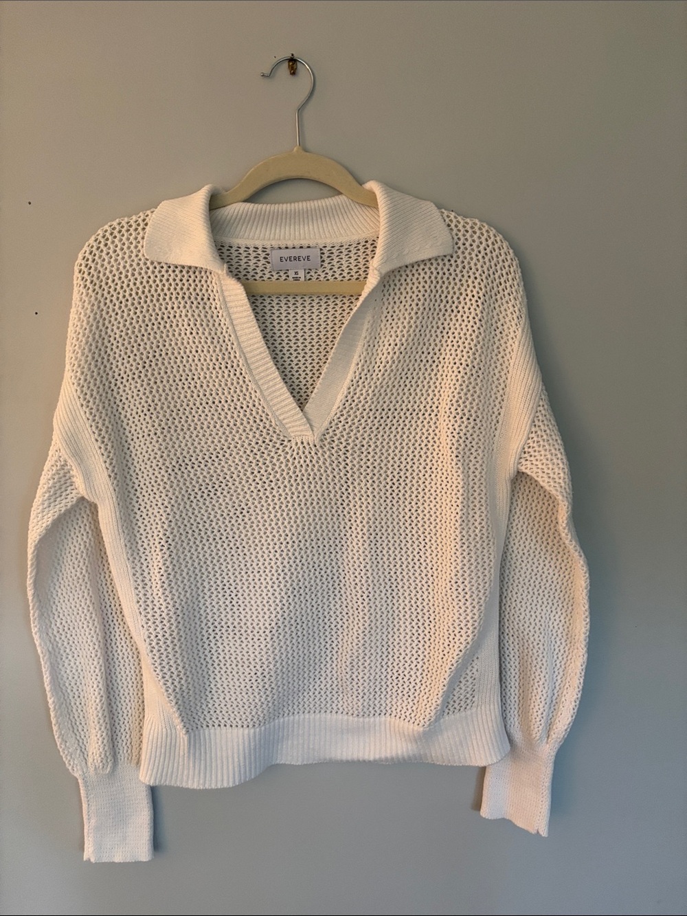 Evereve Cream Open-Knit Collared V-Neck Sweater
